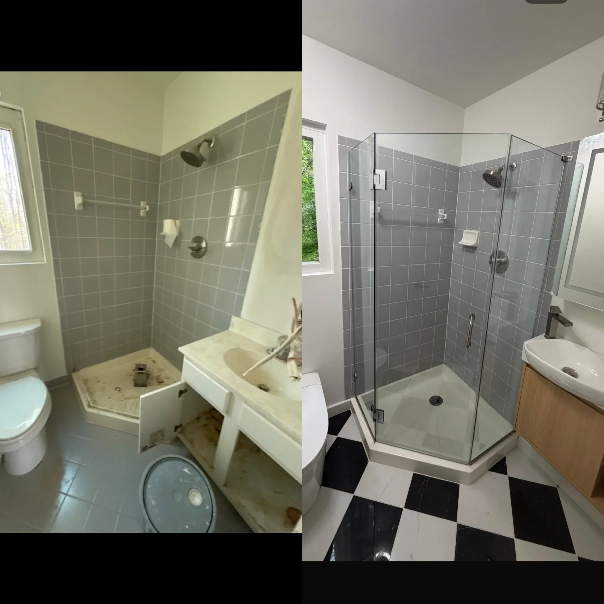 Before and after bathroom renovation with frameless glass shower enclosure and tile work