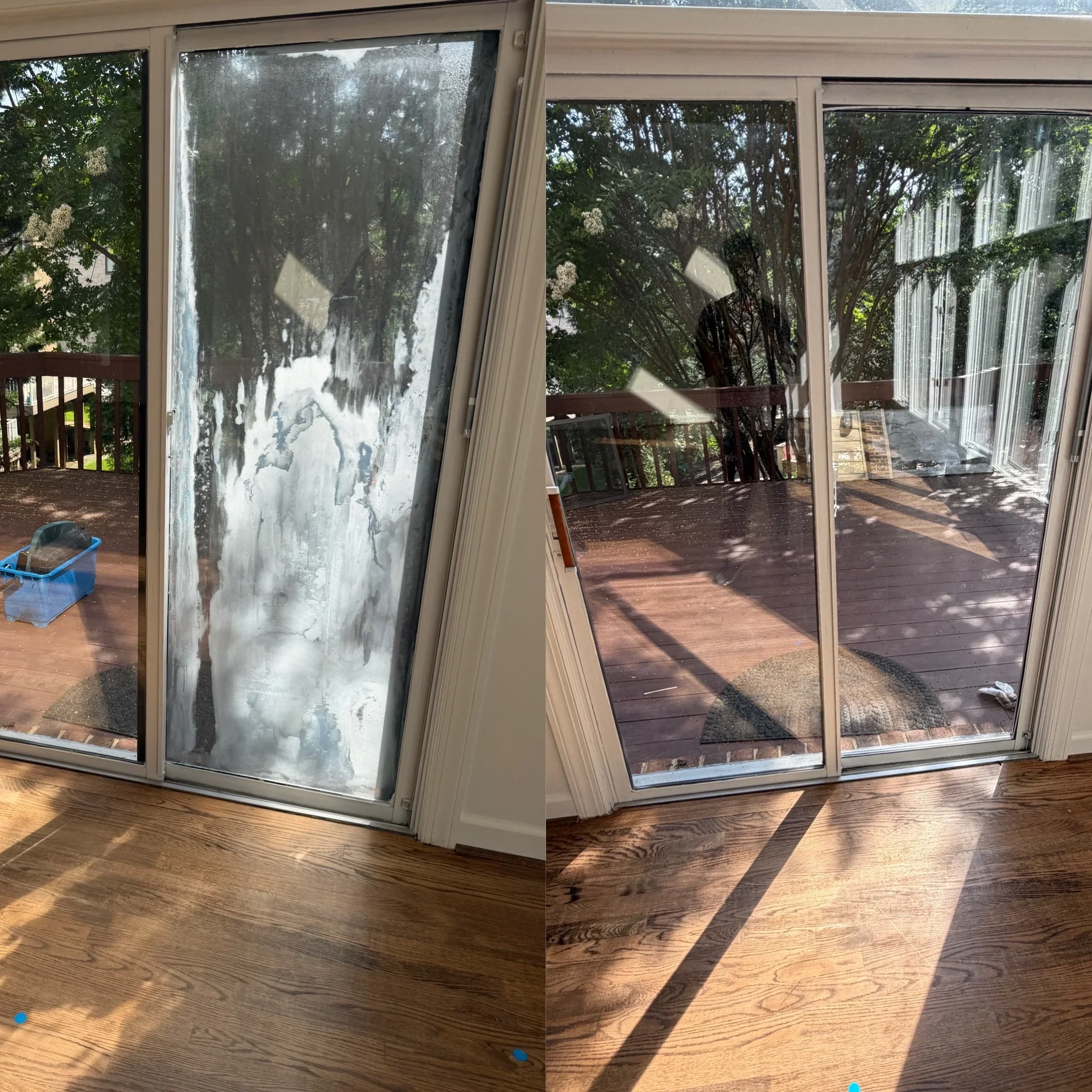 Before and after glass door cleaning showing removal of mineral deposits and grime