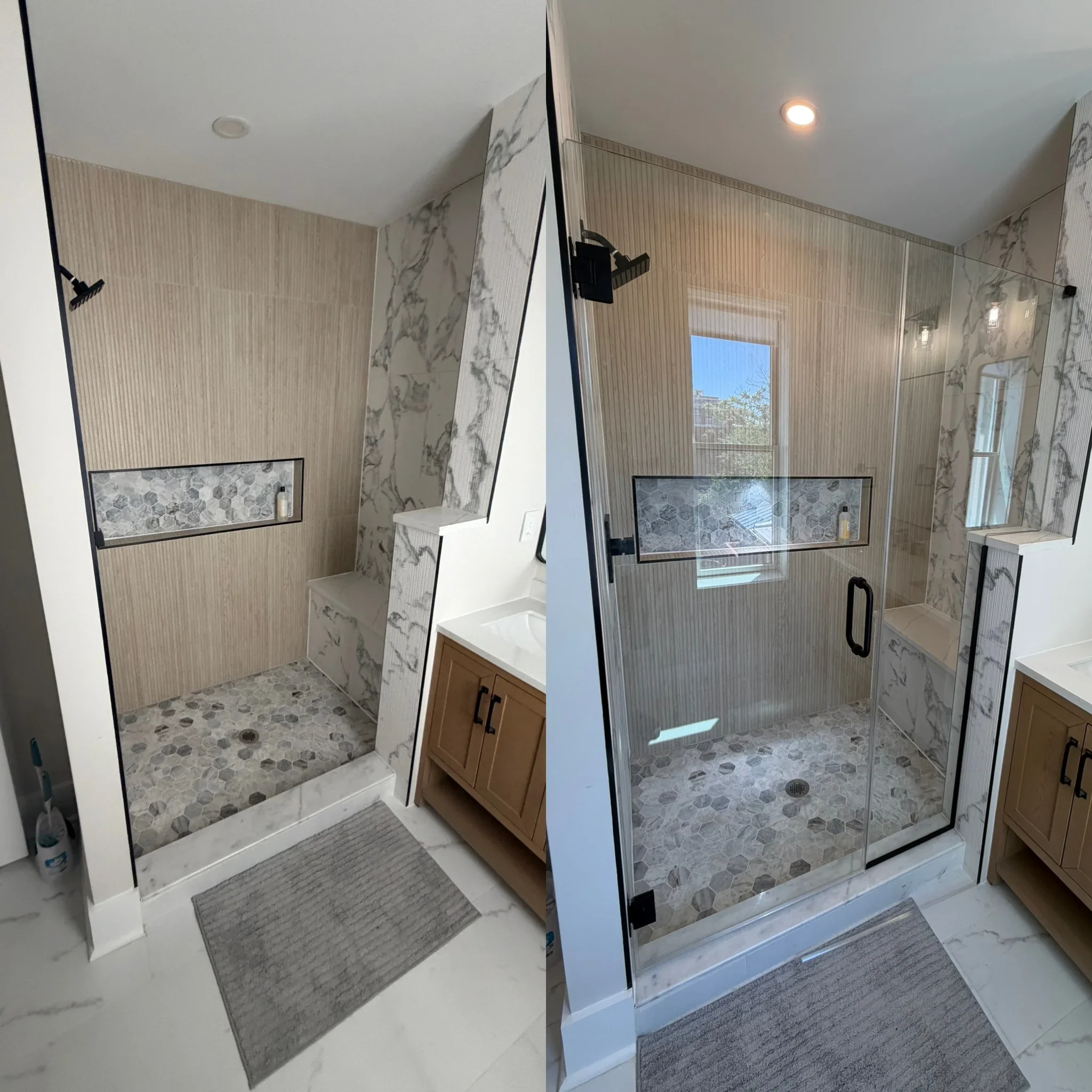 Custom frameless glass shower enclosure with marble accents and hexagon tile flooring installed by Pyramid Glass LLC