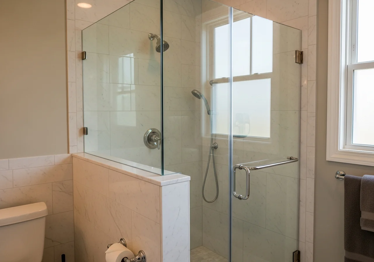 Frameless glass shower enclosure with polished chrome hardware installed in a modern bathroom